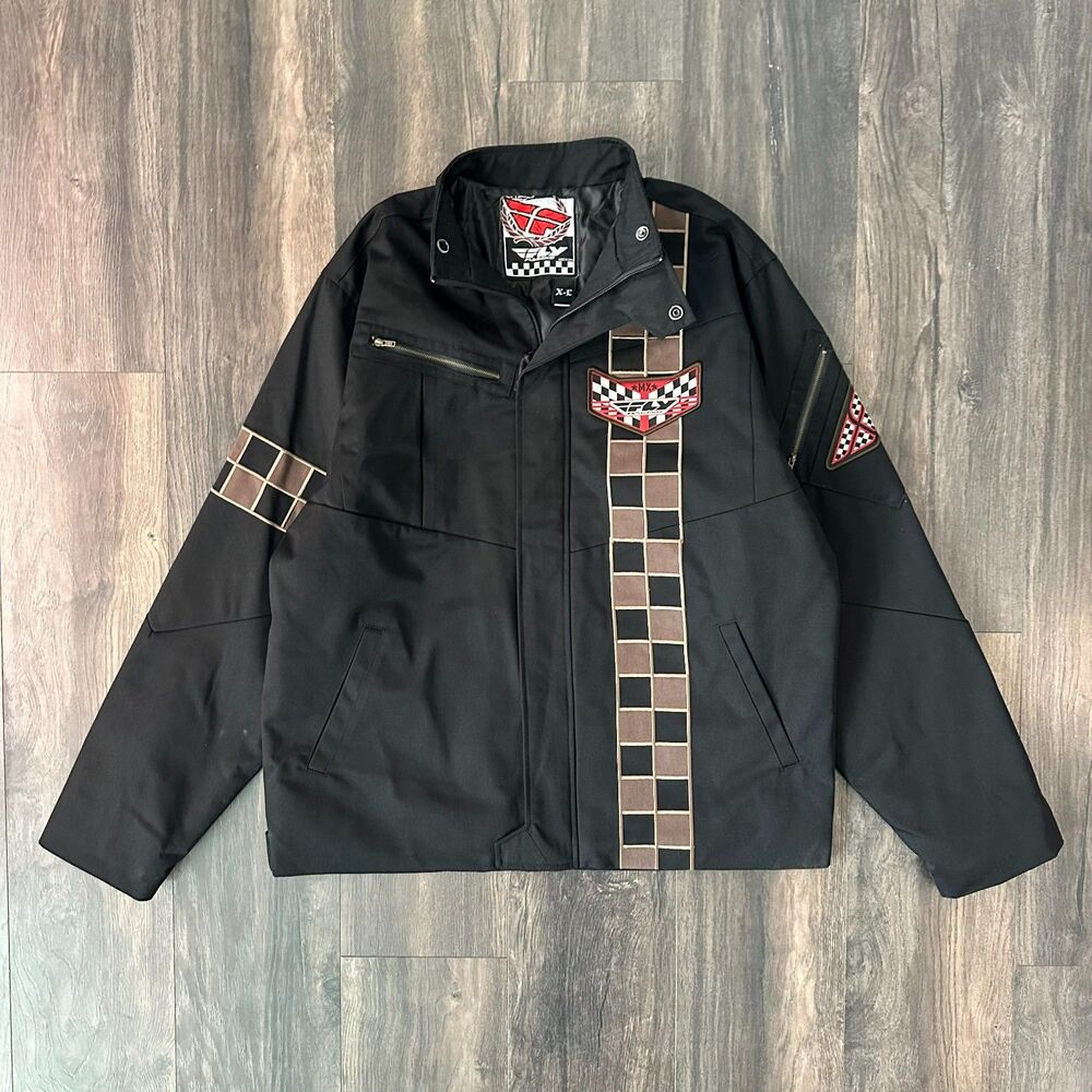 Fly Racing Pit Jacket Moto MX Men's Vintage Style Black Canvas Checkerboard XXL